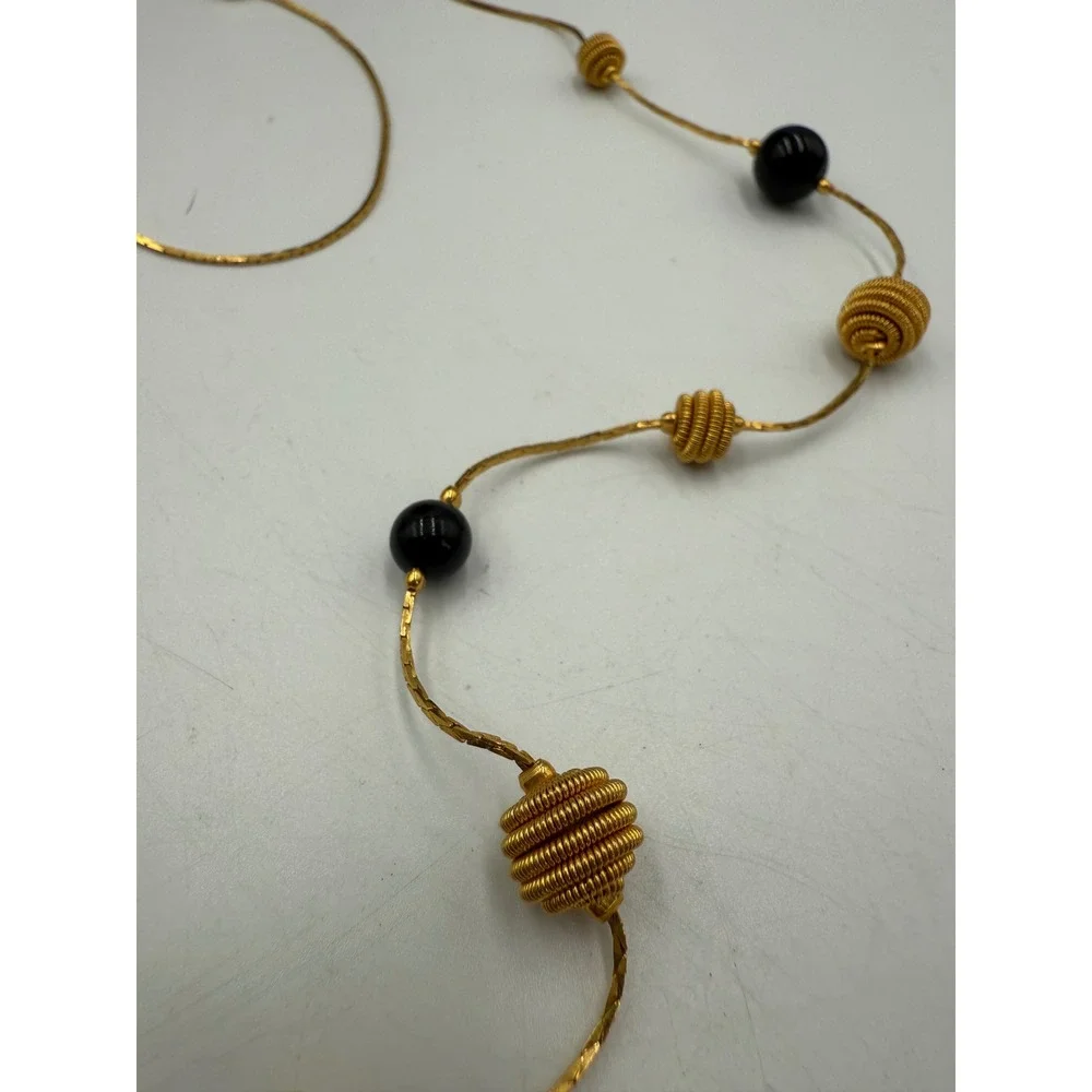Vintage Gold Tone Station Necklace with Black Beads and Coiled Wire Accents